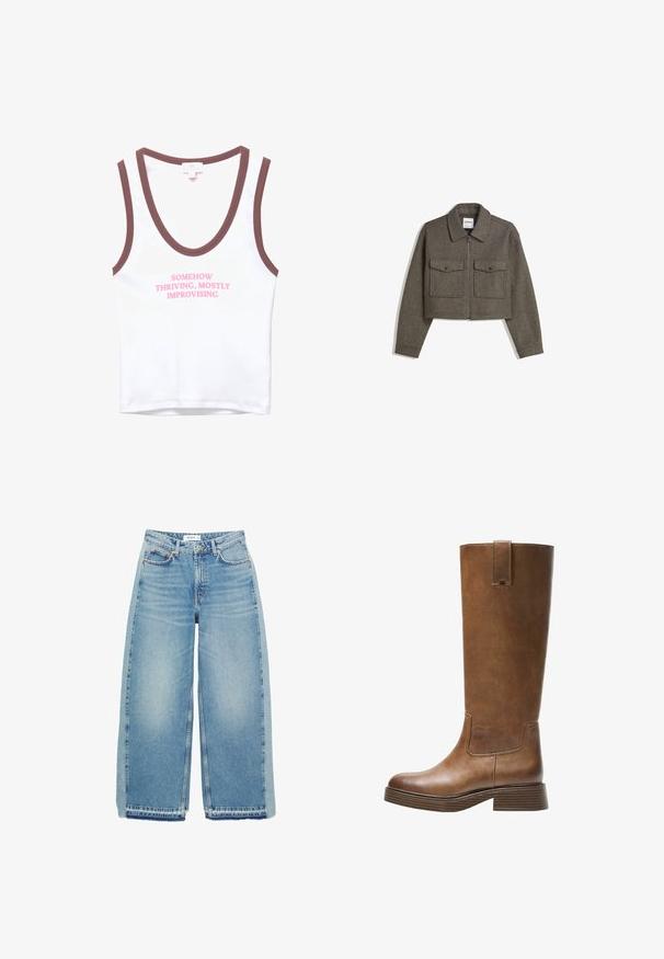 Kratka olivno zelena volnena jakna s ovratnikom, sprednjim zadrgo in dvema prsnikoma z gumbom za zapiranje. Gladka tekstura in prilagojen kroj.; Bela brezrokavna majica z rjavim zaključkom, ki vsebuje roza napis "NAKAZANO USPEH, VEČINO PRILAGAJANJA." Mehka bombažna tkanina, preprost dizajn.; Svijetloplave široke traperice s visokim strukom, dugmadi za zatvaranje, prednjim džepovima i neurednim rubom.; Bralne usnjene škornje do kolen z zaobljenim nosom, teksturirano površino in nizkim platiščem. Imajo stranski panel in zanko za poteg na vrhu.