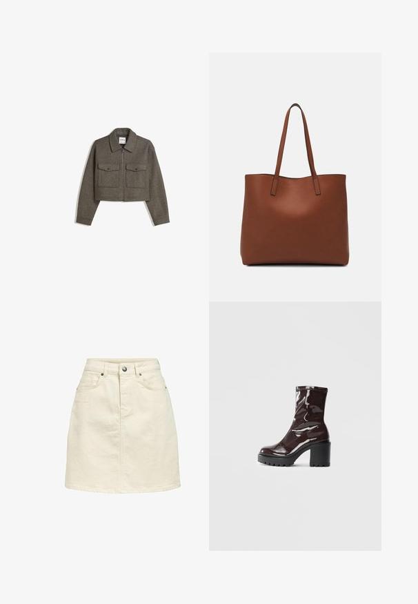 Giacca in lana verde oliva, tagliata, con collo a camicia, zip frontale e due tasche sul petto con chiusura a pressione. Texture liscia e vestibilità su misura.; Maglietta a maniche corte marrone realizzata in tessuto morbido, con scollatura rotonda e vestibilità rilassata. Nessun motivo o dettaglio visibile.; Gonna di denim in un colore beige chiaro, con un taglio dritto, design a cinque tasche, chiusura con bottone e una finitura leggermente strutturata.; Stivale alla caviglia bordeaux lucido con un tacco spesso nero, caratterizzato da una superficie liscia e un design semplice. Nessuna chiusura visibile o motivo.; Borsa tote in pelle marrone con texture liscia, design con apertura superiore e due spallacci. Presenta cuciture minime e nessun hardware visibile.