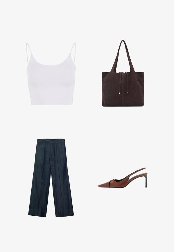 Giacca in lana verde oliva, tagliata, con collo a camicia, zip frontale e due tasche sul petto con chiusura a pressione. Texture liscia e vestibilità su misura.; Top in camisola bianco con spalline sottili e regolabili, design aderente e una consistenza liscia e elastica, privo di motivi o decorazioni.; Pantaloni a gamba larga in denim scuro, con un alto punto vita, pieghe frontali e una texture liscia. L'orlo è dritto senza ulteriori dettagli.; Scarpa con tacco slingback in pelle marrone con punta appuntita, dettaglio a taglio sulla tomaia e un elegante tacco a stiletto. Texture liscia.; Mango Shopping bag - dark brown