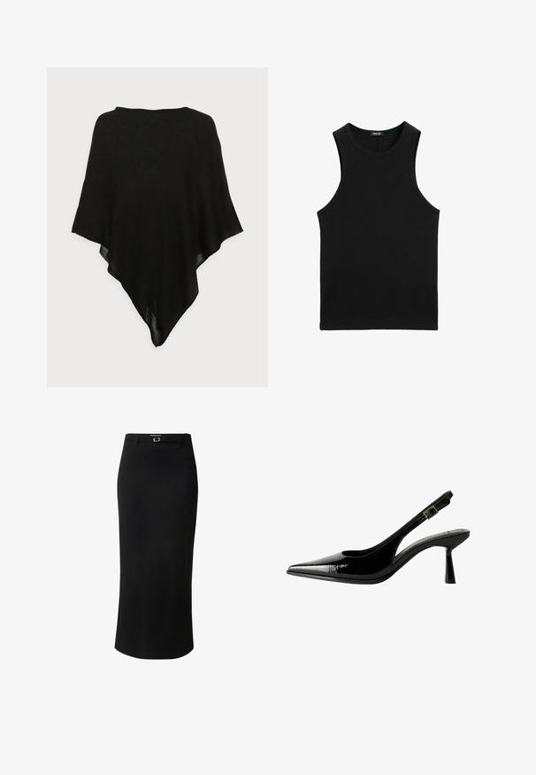 Zwarte sjaal van een lichtgewicht, doorschijnend stof. Heeft een driehoekige vorm en een gladde textuur, met een eenvoudig, minimalistisch ontwerp.; Zwart geribbelde tanktop met een ronde halslijn en brede armsgaten. Gemaakt van zachte, rekbare stof. Eenvoudig, aansluitend ontwerp.; Zwarte kokerrok van gladde stof, met een middellange ontwerp, riemlussen en een rechthoekige gespsluiting in zilverkleur.; Zwarte gepatineerde leren slingback pump met een spitse neus, uitsparingen aan de zijkanten, een verstelbare enkelband en een dunne, slanke hak.