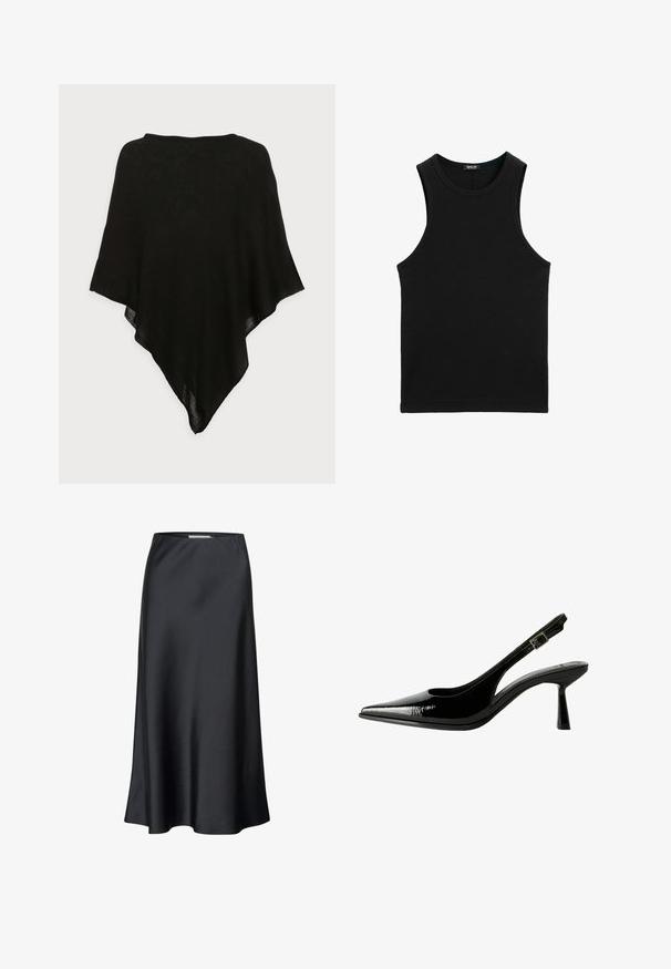 Černý šátek s lehkým, průsvitným materiálem. Má trojúhelníkový tvar a hladkou strukturu, s jednoduchým, minimalistickým designem.; Černý žebrovaný top s kulatým výstřihem a širokými průramky. Vyroben z měkkého, elastického materiálu. Jednoduchý, přiléhavý design.; Černá midi sukně z hladkého materiálu, s plynulou siluetou a jemným leskem. Má jednoduchý, jednobarevný design.; Černé lakované kožené lodičky na podpatku s špičatou špičkou, výřezy na stranách, nastavitelným páskem kolem kotníku a tenkým, elegantním podpatkem.