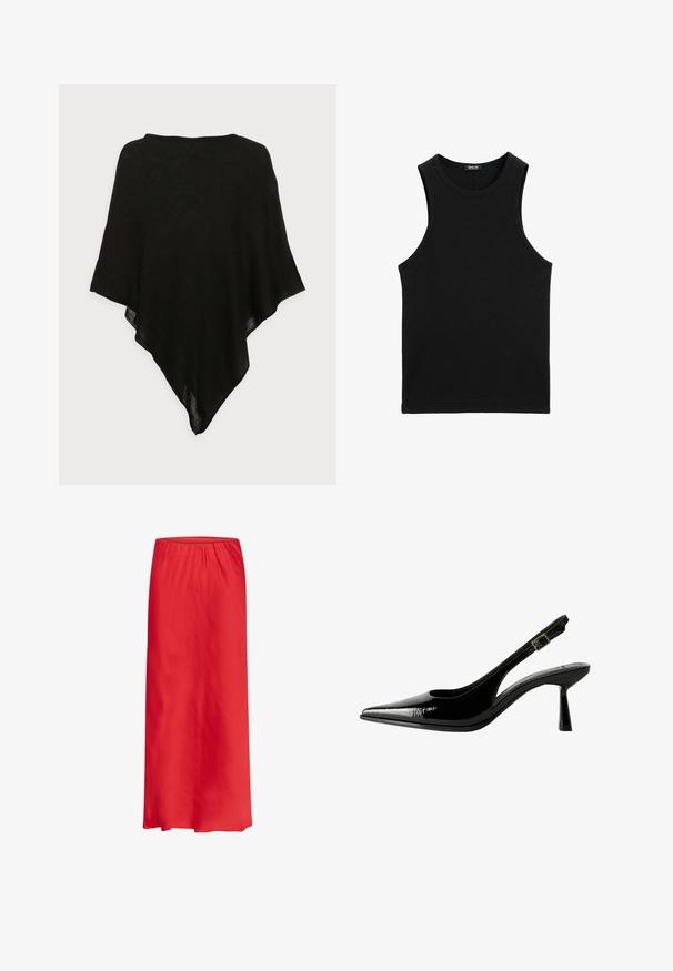 Černý šátek s lehkým, průsvitným materiálem. Má trojúhelníkový tvar a hladkou strukturu, s jednoduchým, minimalistickým designem.; Černý žebrovaný top s kulatým výstřihem a širokými průramky. Vyroben z měkkého, elastického materiálu. Jednoduchý, přiléhavý design.; Červená maxi sukně vyrobená z lehkého materiálu, s elastickým pasem a hladkým, volným designem. Bez vzorů či ozdob.; Černé lakované kožené lodičky na podpatku s špičatou špičkou, výřezy na stranách, nastavitelným páskem kolem kotníku a tenkým, elegantním podpatkem.
