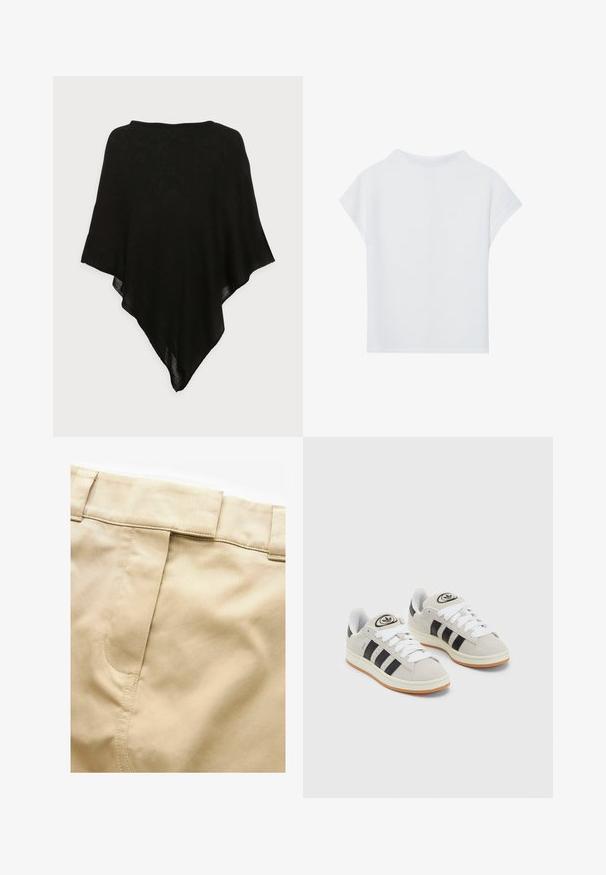 Sort sjal lavet af let, gennemsigtigt stof. Har en trekantet form og en glat tekstur, med et enkelt, minimalistisk design.; Hvid kortærmet top med en afslappet pasform, let tekstur og rund halsudskæring. Bagview viser et glat, simpelt design.; Next UTILITY REGULAR FIT - Maxinederdele - stone; Grå ruskinds sneakers med hvide snørebånd, sorte striber og en hvid gummisål. Har et rundt logo på tungen og en gummisål.