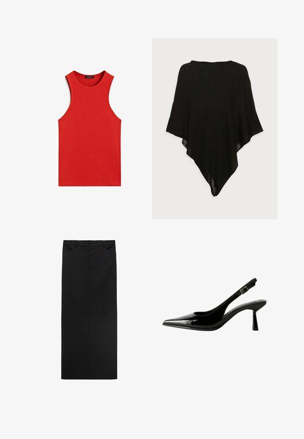 Sort sjal lavet af let, gennemsigtigt stof. Har en trekantet form og en glat tekstur, med et enkelt, minimalistisk design.; Rød ribbet tanktop med rund halsudskæring og uden ærmer. Glat tekstur og tætsiddende pasform, uden yderligere mønstre eller detaljer.; Sort midi nederdel lavet af glat stof med lige snit, der har en elastisk talje og to forlommer. Minimalistisk design uden mønstre.; Sorte patenterede lædersandaletter med spids tå, udskårne sider, justerbar ankelstrop og en tynd, slank hæl.