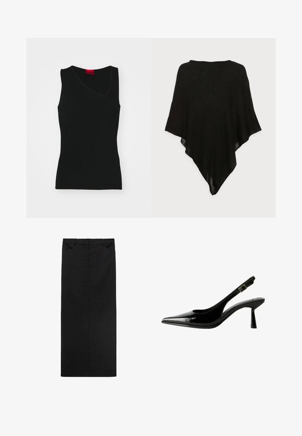 Sciarpa nera in un tessuto leggero e trasparente. Presenta una forma triangolare e una texture liscia, con un design semplice e minimalista.; HUGO SHARPIN - Top - black; Gonna nera midi realizzata in tessuto liscio con taglio dritto, dotata di vita e due tasche frontali. Design minimalista senza motivi.; Pumps slingback in vernice nera con punta affilata, lati sagomati, cinturino alla caviglia regolabile e tacco sottile e slanciato.