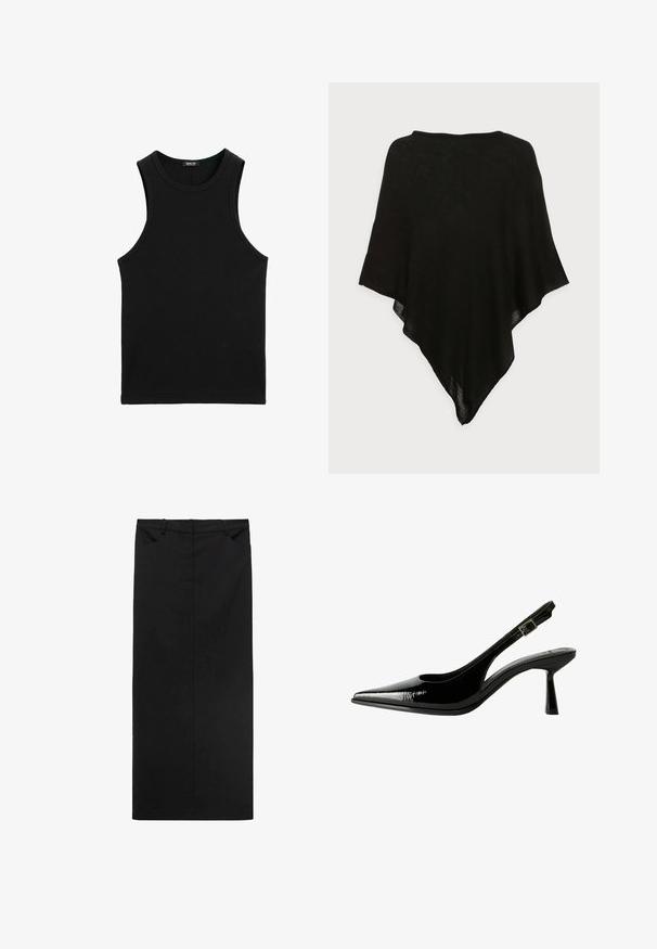 Sort sjal lavet af let, gennemsigtigt stof. Har en trekantet form og en glat tekstur, med et enkelt, minimalistisk design.; Sort ribbet tanktop med rund halsudskæring og brede ærmegab. Fremstillet af blødt, strækbart stof. Simpelt, tætsiddende design.; Sort midi nederdel lavet af glat stof med lige snit, der har en elastisk talje og to forlommer. Minimalistisk design uden mønstre.; Sorte patenterede lædersandaletter med spids tå, udskårne sider, justerbar ankelstrop og en tynd, slank hæl.