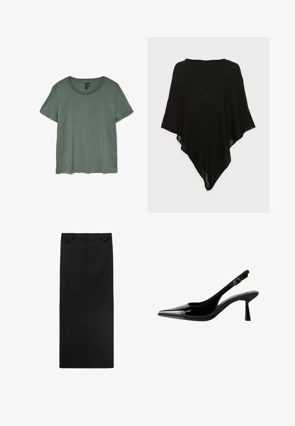 Șal negru dintr-un material ușor, transparent. Are o formă triangulară și o textură netedă, cu un design simplu și minimalist.; Tricou scurt cu mânecă verde, cu decolteu rotund și o textură moale, netedă. Prezintă o croială lejeră și unfir drept la tiv.; Fustă midi neagră dintr-un material neted, cu croială dreaptă, dotată cu un brâu și două buzunare frontale. Design minimalist fără modele.; Pantofi cu toc slingback din piele patent neagră, cu vârf ascuțit, laterale decupate, curea la gleznă ajustabilă și toc subțire, elegant.