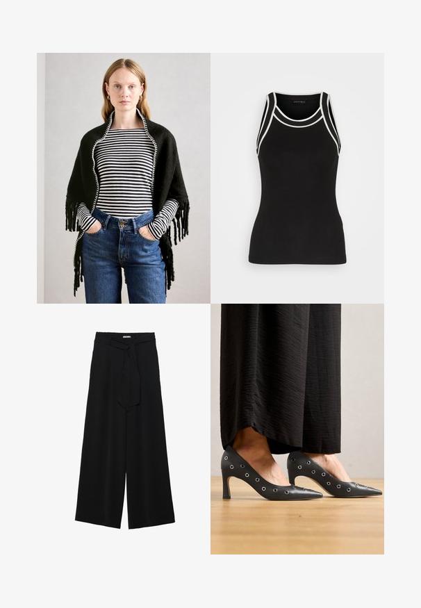 Világos hajú nő fekete sálat visel fekete-fehér csíkos, hosszú ujjú felső és magas derekú kék farmer felett, a kezét a zsebébe dugva.; Fekete bordázott ujjatlan póló fehér díszítéssel. Kerek nyakú és versenypályás hátrész kialakítással rendelkezik. Rugalmas anyagból készült a kényelem érdekében.; Fekete, bő szárú nadrág, texturált anyagból, rugalmas derékpánttal és levehető sállal a derekán, amely állítható illeszkedést biztosít.; Fekete bőrből készült, hegyes orrú magassarkú cipők, az oldalán fémlyukasztott díszítéssel, és vékony tűs sarokkal.