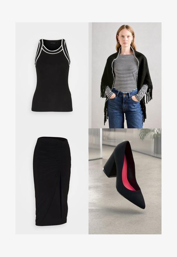 Kvinne med lyst hår som har på seg svart sjal over en svart-og-hvitstripet langermet topp og høyt midje blå jeans, med hendene i lommene.; Svart ribbet singlet med hvit kant. Har rund hals og racerback-design. Laget av et elastisk stoff for komfort.; Svart, rynket blyantskjørt med knyting og sidelits. Laget av et elastisk stoff, med en glatt tekstur og en kroppsnær passform.; Svart høye hæler med spiss tå, teksturert overflate og en livlig rosa innside. Har en kraftig hæl med sølvdetaljer.