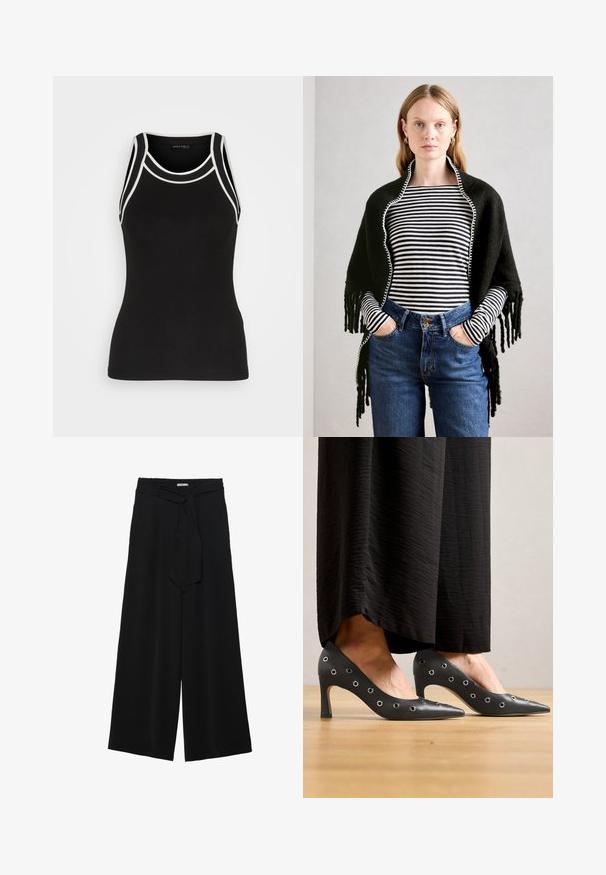 Kobieta o jasnych włosach nosi czarny szal na czarnej i białej pasiastym topie z długim rękawem oraz w niebieskich dżinsach wysokiej talii, ręce w kieszeniach.; Czarny prążkowany top bez rękawów z białymi akcentami. Posiada okrągły dekolt i wycięcie na plecach w stylu racerback. Wykonany z elastycznej tkaniny dla komfortu.; Czarne spodnie szerokie z teksturowanej tkaniny, z elastycznym paskiem w talii i odpinanym paskiem w talii dla regulowanego dopasowania.; Czarne skórzane szpilki z ostrym noskiem, zdobione metalowymi oczkami po bokach oraz szczupłym obcasem w stylu stiletto.