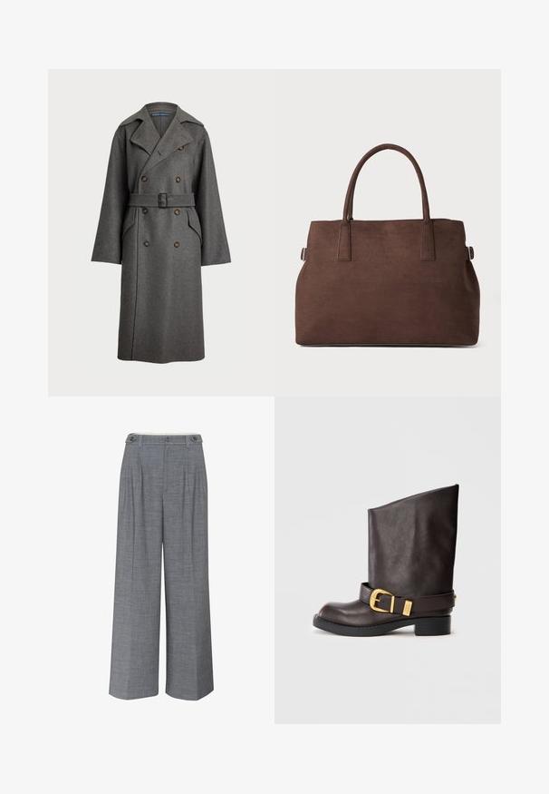 Polo Ralph Lauren Trenchcoat - gray; Striped shirt featuring vertical navy and white lines, a button-up front, and a classic collar. Long sleeves with button cuffs.; Gray wide-leg trousers made from textured fabric, featuring a double button closure and front pleats for added design detail.; Dark brown mid-calf leather boot with black sole, low heel, and decorative gold buckle strap around the ankle, shown from the side.; Brown faux suede tote bag with two sturdy handles, a structured shape, and minimalistic design, featuring subtle stitching accents.
