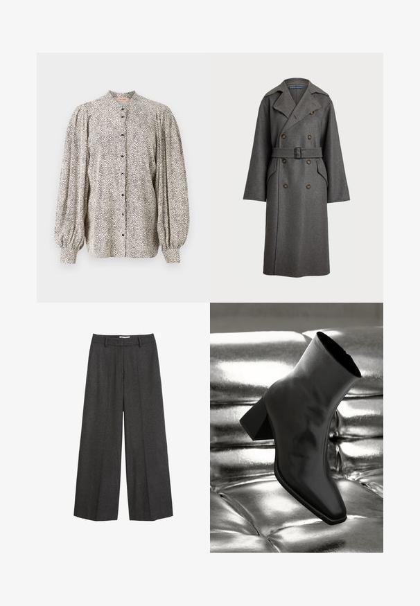 Polo Ralph Lauren Trenchcoat - gray; Knopenblouse van lichtgewicht stof, wit met zwarte spikkels, hoge kraag, geplooide mouwen en gesloten met zwarte knopen.; Lange broek met wijde pijpen in donkergrijze stof. Heeft een op maat gemaakte tailleband met riemlussen, een gladde textuur en minimale stiksels.; Zwarte enkellaarsjes van glanzend materiaal met een vierkante neus en taps toelopende hak, afgezet tegen een glanzende zilveren gecapitonneerde achtergrond.