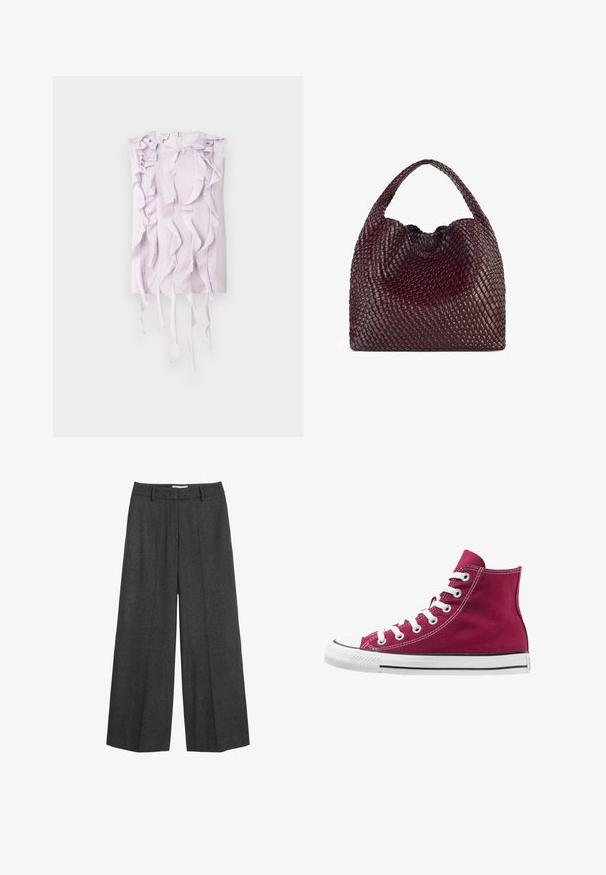 Polo Ralph Lauren Lietpaltis - gray; Lavadinis be rankovių viršus, pasižymintis tekstūruota medžiaga ir raukšlėmis, krentančiomis per priekį ir šonus. Uždarymas užtrauktuku gale.; Platus kojas kelnes tamsiai pilkos spalvos audinio. Yra pritaikytas liemuo su dirželių kilpomis, lygus paviršius ir minimalūs siuvimo akcentai.; Burgundinės kanvos aukštakulnės sportbačiai su baltais raišteliais, guminis piršto dangtelis ir juoda juosta palei padą. Tekstūruota siuvinėta detalė pabrėžia dizainą.; Austis raudonas pintas rankinės su apvalia forma ir viena rankena, kuri turi tekstūruotą paviršių ir elastingą raištelį.