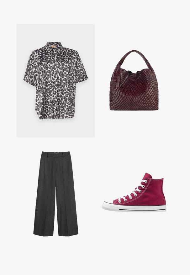 Polo Ralph Lauren Trenssi - gray; Lyhythihainen paita musta-valkoisessa leopardiprintissä, jossa on kaulus ja väljä malli. Silkkinen kangas, jossa on hienostunut kiilto.; Hyviä leveälahkeisia housuja tummanharmaasta kankaasta. Varustettu räätälöidyllä vyötärökaistalla, jossa on vyölenkit, sileä tekstuuri ja minimaalinen ommelkorostus.; Korkeat tennarit, jotka ovat valmistettu viininpunaisesta kankaasta valkoisilla kengännauhoilla, kumisella varvassuojalla ja mustalla raidalla pohjan varrella. Pintakuvioitu ompelu korostaa muotoilua.; Punainen viininvärinen käsilaukku, joka on pyöreämuotoinen ja jossa on yksi kahva. Laukussa on tekstuuri pinta ja joustava nyöri sulkimena.