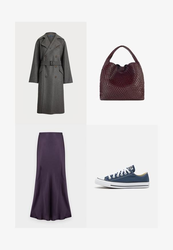 Polo Ralph Lauren Trenčkot - gray; Siv majica s kratkimi rokavi, narejena iz mehkega, teksturiranega materiala; ima klasičen krožni ovratnik in sproščen kroj brez vzorcev ali logotipov.; Vijolično satenasto krilo z razširjenim robom, ki ima gladko teksturo in oprijet pas. Oblikovano za eleganten, tekoč silhueto.; Platneni copat v mornarsko modri barvi z belimi očesi in vezalkami, ki ima bel gumijast zaščitnik za prste in črno črto ob podplatu.; Tkanina burgundska torbica z zaobljeno obliko in enim ročajem, s teksturirano površino in elastičnim zaveznim zapiranjem.