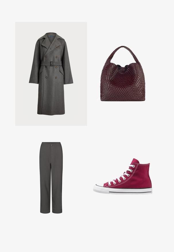 Polo Ralph Lauren Trench - gray; T-shirt gris à manches courtes en tissu doux et texturé ; il présente un col rond classique et une coupe décontractée, sans motifs ni logos.; Pantalons de costume gris avec une coupe droite, une texture lisse, une fermeture à bouton sur le devant et des ourlets retroussés pour un look ajusté.; Baskets montantes en toile bordeaux avec des lacets blancs, embout en caoutchouc et bande noire le long de la semelle. Des coutures texturées soulignent le design.; Sac à main bordeaux tissé de forme arrondie et muni d'une poignée unique, avec une surface texturée et une fermeture à cordon élastique.