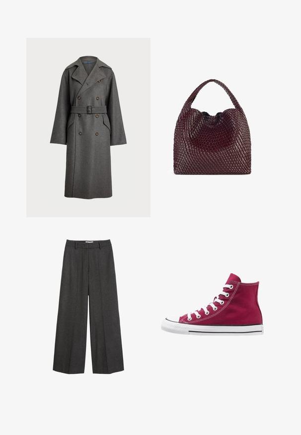 Polo Ralph Lauren Kišni ogrtač - gray; Siva, majica s kratkim rukavima izrađena od mekog, teksturiranog materijala; ima klasičan okrugli izrez i ležeran kroj bez uzoraka ili logotipa.; Hlače širokih nogavica od tamnosive tkanine. Imaju krojeni pojas s petljama za remen, glatku teksturu i minimalne ukrase šavovima.; Visoke tenisice od burgundske platne s bijelim vezicama, gumeni zaštitnik na prstima i crna pruga uz đon. Teksturirano šivanje naglašava dizajn.; Tkana vino crvena torba s rounded oblikom i jednom ručkom, s teksturiranom površinom i elastičnim zatvaranjem na vezicu.