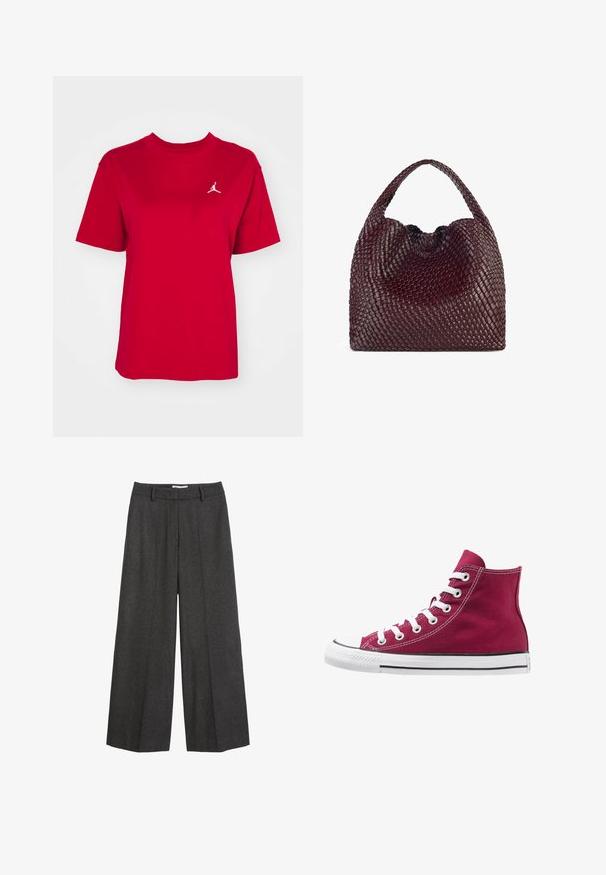Polo Ralph Lauren Trenchcoat - gray; Rode katoenen T-shirt met korte mouwen en ronde hals, met een witte Jordan-logo geborduurd op de linker borst. Gladde textuur.; Lange broek met wijde pijpen in donkergrijze stof. Heeft een op maat gemaakte tailleband met riemlussen, een gladde textuur en minimale stiksels.; Hoge sneakers van bordeaux canvas met witte veters, rubberen neuskap en een zwarte streep langs de zool. Geweven stiksels accentueren het ontwerp.; Geweven bordeauxkleurige handtas met een afgeronde vorm en een enkele handgreep, voorzien van een gestructureerd oppervlak en een elastische trekkoordsluiting.