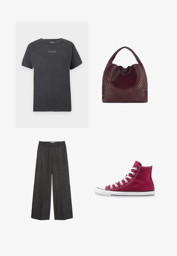Polo Ralph Lauren Trenčkot - gray; Tmavě šedé tričko s krátkým rukávem s textem "PEPE JEANS" v malých bílých písmenech umístěným uprostřed hrudi a kulatým výstřihem.; Široké kalhoty v tmavě šedé tkanině. Mají upravený pas s poutky na pásek, hladkou strukturu a minimalistické švy.; Vysoké tenisky vyrobené z burgundské plátna s bílými tkaničkami, gumovou špičkou a černým pruhem podél podrážky. Texturované prošívání zvýrazňuje design.; Tkaná bordó kabelka s kulatým tvarem a jedním uchopem, která má texturovaný povrch a elastické stahovací šňůrky.