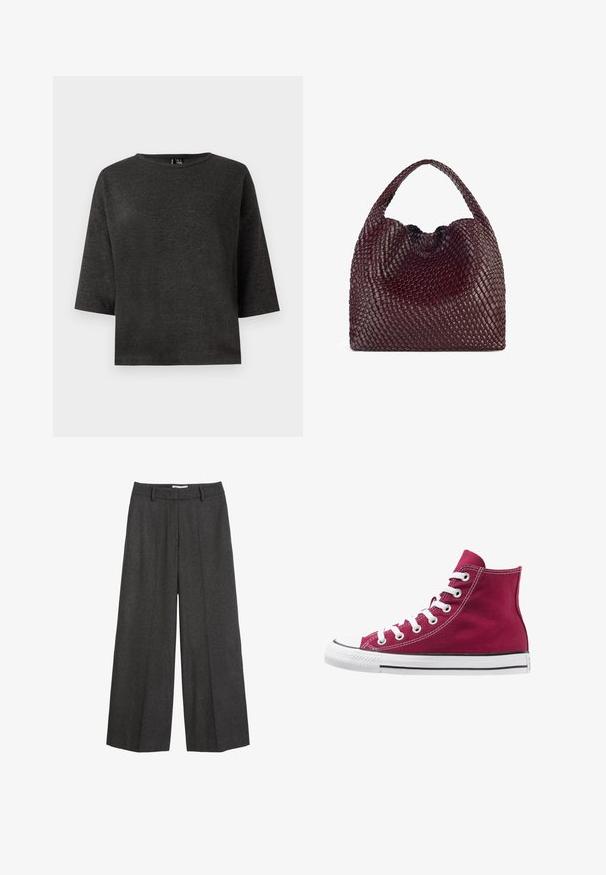 Polo Ralph Lauren Lietpaltis - gray; Tamsiai pilkas, trumpomis rankovėmis viršus, pagamintas iš minkštos medžiagos. Turi apvalią iškirptę ir paprastą, stačiakampio formą be papuošimų ar raštų.; Platus kojas kelnes tamsiai pilkos spalvos audinio. Yra pritaikytas liemuo su dirželių kilpomis, lygus paviršius ir minimalūs siuvimo akcentai.; Burgundinės kanvos aukštakulnės sportbačiai su baltais raišteliais, guminis piršto dangtelis ir juoda juosta palei padą. Tekstūruota siuvinėta detalė pabrėžia dizainą.; Austis raudonas pintas rankinės su apvalia forma ir viena rankena, kuri turi tekstūruotą paviršių ir elastingą raištelį.