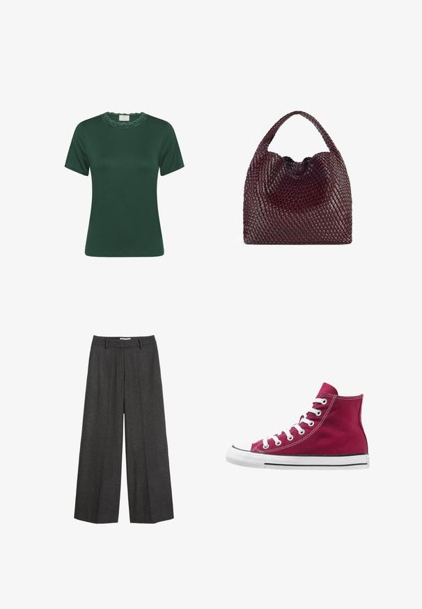 Polo Ralph Lauren - Prochowiec; Zielony T-shirt z krótkim rękawem wykonany z prążkowanej tkaniny. Posiada falbaniasty dekolt z koronki i subtelną fakturę. Prosty krój i minimalistyczny design.; Spodnie o szerokich nogawkach w ciemnoszarym kolorze. Posiadają dopasowany pasek w talii z szlufkami, gładką fakturę oraz minimalistyczne akcenty w postaci szwów.; Wysokie trampki z burgundowej kanwy z białymi sznurowadłami, gumowym noskiem i czarną linią wzdłuż podeszwy. Teksturowane szwy podkreślają design.; Torebka w kolorze burgundowym, pleciona, o zaokrąglonym kształcie i pojedynczym uchwycie, z teksturowaną powierzchnią oraz elastycznym zaciąganym zapięciem.