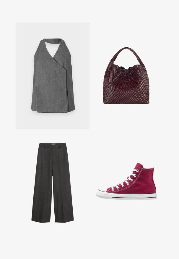 Polo Ralph Lauren Trenchcoat - gray; Gray denim halter top with a wrap design, featuring a v-neck and side slits. Smooth texture with subtle stitching details.; Wide-leg trousers in dark gray fabric. Features a tailored waistband with belt loops, smooth texture, and minimal stitching accents.; High-top sneakers made of burgundy canvas with white laces, rubber toe cap, and black stripe along the sole. Textured stitching accents the design.; Woven burgundy handbag with a rounded shape and a single handle, featuring a textured surface and an elastic drawstring closure.