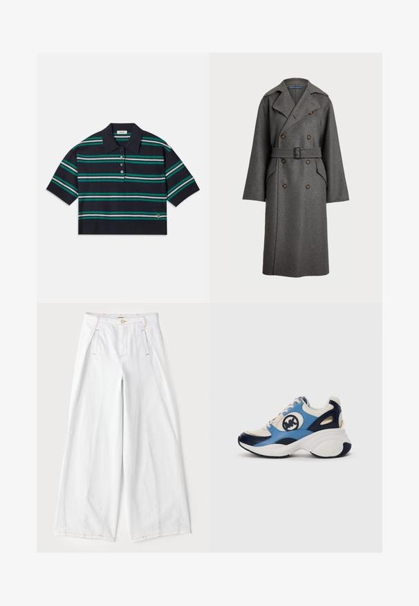 Polo Ralph Lauren Ballonkabát - gray; Tengerészkék csíkos póló rövid ujjal, amely teal, fehér és szürke csíkokkal rendelkezik. Három gombos kivágás és logó részlet az alján.; Széles lábú, fehér farmernadrág, kontrasztos narancssárga varrással, elülső redőkkel és klasszikus öt zsebes dizájnnal.; Fehér, tengerészkék és világoskék velúr sneaker vastag talppal és kör alakú hímzett logóval az oldalon.