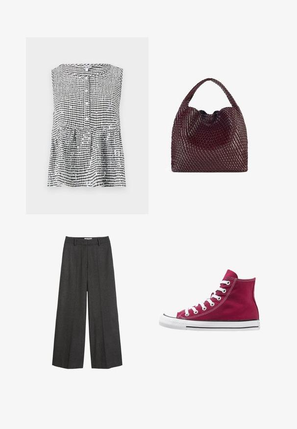 Polo Ralph Lauren Gabardina - gray; Top sin mangas a cuadros en blanco y negro con botones al frente y dobladillo de peplum, que presenta un tejido texturizado y brillantes lentejuelas.; Pantalones de pierna ancha en tejido gris oscuro. Presentan una cintura ajustada con pasadores para cinturón, una textura suave y acentos de costura mínimos.; Zapatillas altas de lona burdeos con cordones blancos, puntera de goma y raya negra a lo largo de la suela. Costuras texturizadas realzan el diseño.; Bolso de mano tejido en burdeos con forma redondeada y un asa única, que presenta una superficie texturizada y un cierre de cordón elástico.