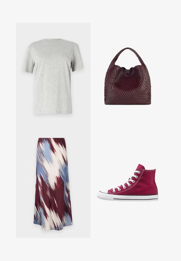 Polo Ralph Lauren Ballonkabát - gray; Szürke, rövid ujjú póló, puha, texturált anyagból készült; klasszikus kerek nyakkivágással és laza szabással rendelkezik, mintázatok vagy logók nélkül.; Hosszú szoknya, amelynek átlós, batikolt mintázata bordó, kék és krém színekben készült, puha anyagból, amely áramló sziluettel és enyhe fénylő felülettel rendelkezik.; Burgundi vászonból készült magas szárú sportcipők, fehér fűzőkkel, gumitalppal és fekete csíkkal a talp mentén. A dizájnt texturált varrások emelik ki.; Szövetből készült bordó kézitáska, lekerekített formával és egyetlen füllel, amelynek texturált felülete van és rugalmas zsinórzárja.