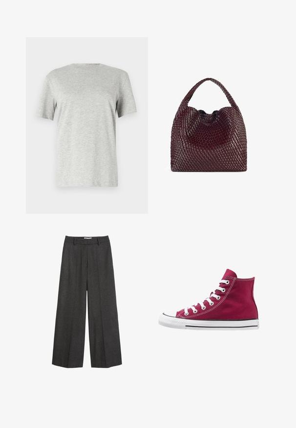 Polo Ralph Lauren Lietpaltis - gray; Pilkos spalvos trumpomis rankovėmis marškinėliai, pagaminti iš minkštos, tekstūruotos medžiagos; pasižymi klasikinėmis apvalios iškirptės detalėmis ir laisvu pritaikymu be jokių raštų ar logotipų.; Platus kojas kelnes tamsiai pilkos spalvos audinio. Yra pritaikytas liemuo su dirželių kilpomis, lygus paviršius ir minimalūs siuvimo akcentai.; Burgundinės kanvos aukštakulnės sportbačiai su baltais raišteliais, guminis piršto dangtelis ir juoda juosta palei padą. Tekstūruota siuvinėta detalė pabrėžia dizainą.; Austis raudonas pintas rankinės su apvalia forma ir viena rankena, kuri turi tekstūruotą paviršių ir elastingą raištelį.