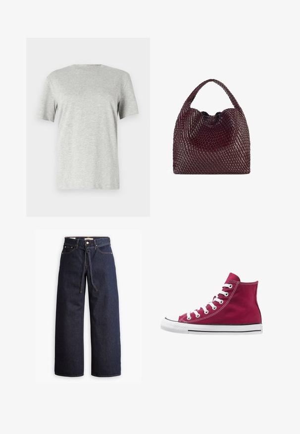 Polo Ralph Lauren Šineļveida mētelis - gray; Pelēks īsām piedurknēm T-krekls, izgatavots no mīksta, teksturēta auduma; ar klasisku apaļu kakla izgriezumu un brīvu piegriezumu bez jebkādiem rakstiem vai logotipiem.; Plati zili džinsi ar augstu jostasvietu, ar šnaukaša saišu, piecām kabatām un kontrastējošiem šuvju akcentiem.; Augstie čības, kas izgatavotas no bordo auduma, ar baltām šņorēm, gumijas purngaliem un melnu joslu gar zoli. Tekstūrētā dūriena akcenti piešķir dizainam detaļu.; Austiņota bordo rokassoma ar apaļu formu un vienu rokturi, kas ir ar teksturētu virsmu un elastīgu aukliņu aizdari.