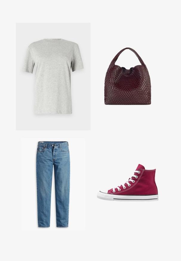 Polo Ralph Lauren Trenčkot - gray; Sivý, krátkotrialový tričko vyrobené z mäkkej, texturovanej látky; má klasický okrúhly výstrih a voľný strih bez akýchkoľvek vzorov alebo log.; Modré denimové džínsy so strihom rovného nohavice, s príklopkou na zips, dvomi prednými vreckami a jemným vyblednutím po celej látke.; Vysoké tenisky vyrobené z burgundskej plátna s bielymi šnúrkami, gumovou špičkou a čiernym pruhom pozdĺž podrážky. Textúrované šitie zvýrazňuje dizajn.; Tkaná bordová kabelka s zaobleným tvarom a jedným uchom, so štruktúrovaným povrchom a elastickým sťahovaním na zavretie.