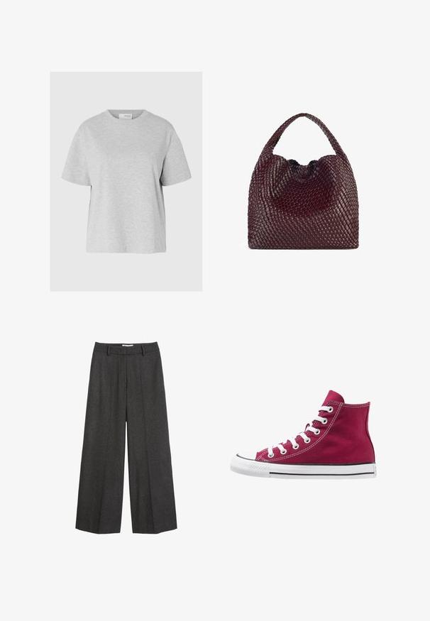 Polo Ralph Lauren Trenčkot - gray; Svetlosivý tričko s krátkym rukávom z mäkkej tkaniny, s okrúhlym výstrihom, vo voľnom strihu a bez viditeľných vzorov alebo kovania.; Široké nohavice v tmavošedej tkanine. Obsahujú priliehavý pás so slučkami na opasok, hladkú textúru a minimálne vyšívané detaily.; Vysoké tenisky vyrobené z burgundskej plátna s bielymi šnúrkami, gumovou špičkou a čiernym pruhom pozdĺž podrážky. Textúrované šitie zvýrazňuje dizajn.; Tkaná bordová kabelka s zaobleným tvarom a jedným uchom, so štruktúrovaným povrchom a elastickým sťahovaním na zavretie.
