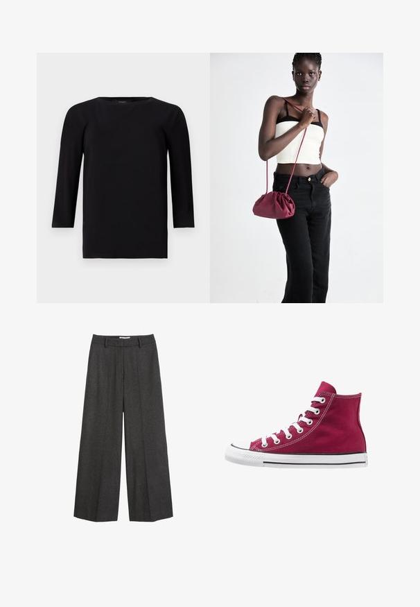 Polo Ralph Lauren Trenchcoat - gray; Black long-sleeve top with a crew neckline, made from a smooth, lightweight fabric. Features a relaxed fit and straight hem with minimal seams.; Wide-leg trousers in dark gray fabric. Features a tailored waistband with belt loops, smooth texture, and minimal stitching accents.; High-top sneakers made of burgundy canvas with white laces, rubber toe cap, and black stripe along the sole. Textured stitching accents the design.; Burgundy soft fabric handbag with a gathered design and a long strap, worn crossbody. Model wears a white crop top and black jeans.