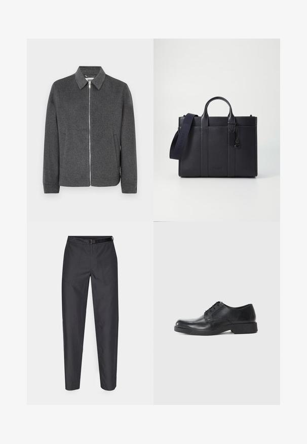Šedá vlněná bunda na zip s límcem, dlouhými rukávy, bočními kapsami a hladkou strukturou. Má stříbrný zip a štítek s logem uvnitř.; Bílá košile s dlouhým rukávem vyrobená z bavlny, s klasickým límcem, předními knoflíky a minimálním detailem šití.; Tmavě šedé kalhoty s hladkou texturou, elastickým pasem se žebrováním a dvěma předními kapsami pro praktičnost.; Černé kožené společenské boty se zaoblenou špičkou, šněrovacím designem a nízkým blokovým podpatkem. Hladká textura a minimalistický profil.; Tmavě námořnická kožená aktovka s dvojitými horními rukojeťmi a odnímatelným popruhem. Má texturovaný povrch, vertikální švy a detail s logem.