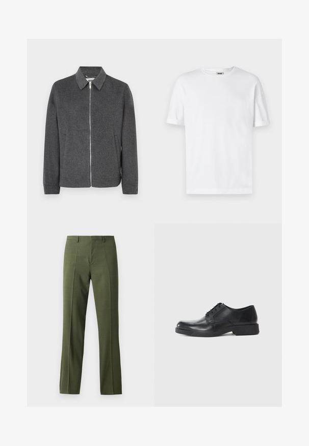 Grå ull zip-up-jakke med krage, lange ermer, sidelommer og en solid tekstur. Har en sølvglinsende glidelås og logomerke inni.; Hvit bomulls t-skjorte med rund hals, kort erme og rullede mansjetter; ensfarget design, myk tekstur og rett snitt.; Olivengrønne skreddersydde bukser med en glatt tekstur, rett snitt og frontfold, designet for formelle eller semiformelle anledninger.; Sorte lærdressko med rund tå, snøring og lav blokkhel. Jevn tekstur og minimalistisk profil.