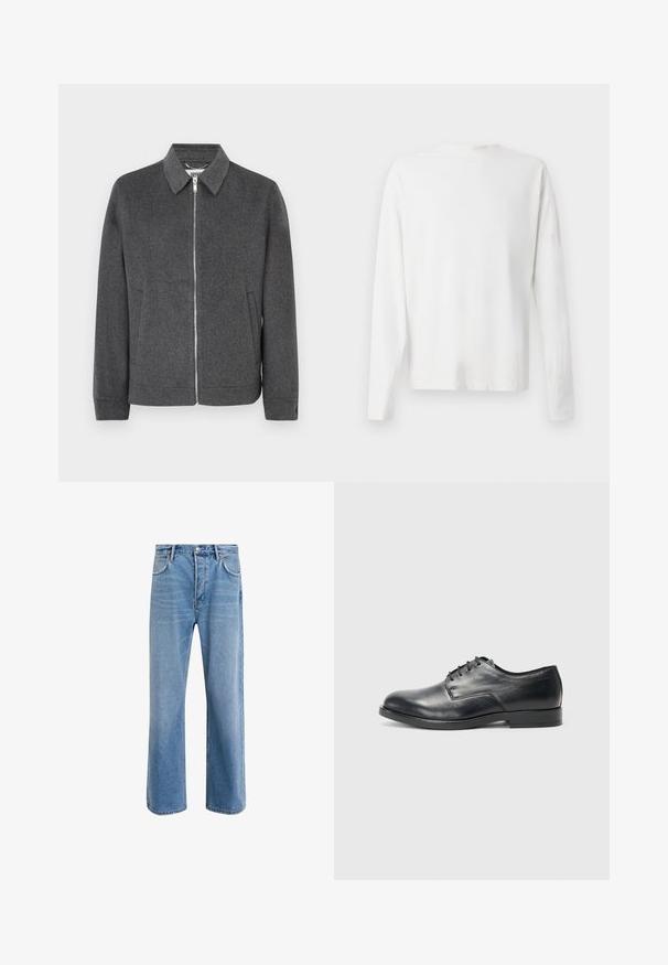 Graue Wolljacke mit Reißverschluss, Kragen, langen Ärmeln, Seitentaschen und strukturierter Oberfläche. Verfügt über einen silbernen Reißverschluss und ein logostickendes Etikett im Inneren.; Langärmliges weißes Baumwollhemd mit rundem Ausschnitt, seitlichen Schlitzen am unteren Rand und glatter Textur, von hinten präsentiert.; Helle blaue Jeans im Geradeschnitt-Design, mit fünf Taschen, Knopfverschluss, minimaler Ausbleichung und kontrastierenden Nähdetails.; Schwarze Lederdressschuhe mit runder Spitze, flacher Sohle und sechs Ösen für die Schnürsenkel; glatte Textur und minimalistisches Design.