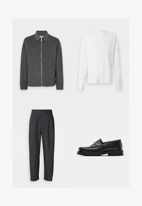 Šedá vlněná bunda na zip s límcem, dlouhými rukávy, bočními kapsami a hladkou strukturou. Má stříbrný zip a štítek s logem uvnitř.; Bílá bavlněná košile s dlouhým rukávem a kulatým výstřihem, s bočními rozparky na spodní části a hladkým povrchem, vystavená zezadu.; Tmavě šedé rovné kalhoty s poutky na opasek, předním zapínáním na knoflík a bočními kapsami na jednobarevném světlém pozadí.; Černé kožené mokasíny mají zvýšený šev, dvě dekorativní pásky na svršku a silnou strukturovanou podrážku pro lepší přilnavost.