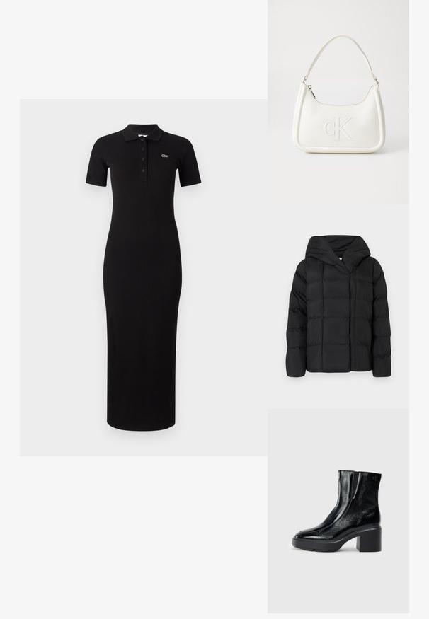 Čierna nafukovacia bunda s kapucňou, s prešívanou textúrou a nadrozmerným strihom. Jemná látka s predným zapínaním a minimalistickým dizajnom.; Čierne midi polo šaty s krátkymi rukávmi, rebrovanou textúrou a gombíkovou légou. Obsahujú malé zelené logo na ľavej strane hrudníka.; Čierne lakované členkové topánky s zakrivenou špičkou, elastickými bočnými panelmi a masívnym blokovým opätkom. S embosovaným logom na zadnej strane.; Biela kožená kabelka s zakriveným tvarom, na prednej strane s embosovaným logom "CK" a jedným ramenným popruhom. Zipsové zapínanie navrchu.