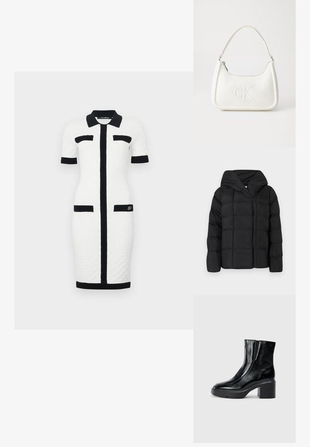 Melnā pūkņu jakas ar kapuci, ar kvadrātu tekstūru un pārspīlētu siluetu. Mīksta auduma ar priekšējo aizdari un minimālistisku dizainu.; Balta kleita ar teksturētu rakstu, īsām piedurknēm, melnu apkakli un akcentiem, priekšējo rāvējslēdzēju un divām melnām kabatām priekšā.; Melnas lakotas ādas potītes zābaki ar izliekto purngalu, elastīgām sānu paneļiem un masīvu blokveida papēdi. Aizmugurē ir izsistā logo.; Balta ādas rokassoma ar noapaļotu formu, uz kuras priekšpuses ir izgriezts "CK" logo un viena plecu siksna. Augšā aizverama ar rāvējslēdzēju.