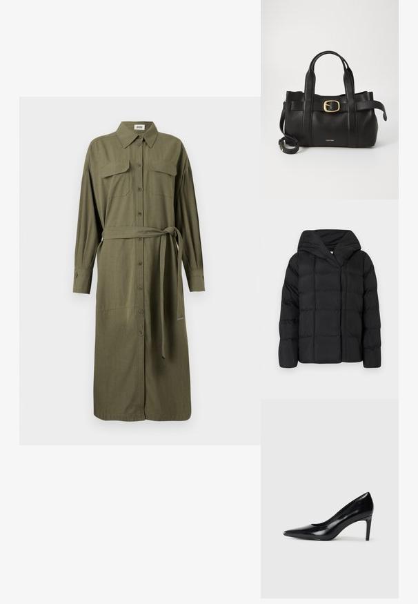 Doudoune noire avec capuche, présentant une texture matelassée et une silhouette surdimensionnée. Tissu doux avec fermeture avant et design minimaliste.; Robe chemise vert olive avec un col, des manches longues, deux poches poitrine, une fermeture à boutons sur le devant et une ceinture en tissu assortie pour l'ajustement.; Chaussure à talon haut en cuir noir avec un bout pointu, texture lisse et un talon effilé. Design minimaliste, sans embellissements supplémentaires.; Sac à main en cuir noir présentant un design structuré, deux poignées supérieures, un accent de boucle en ton doré et un logo de la marque en relief à l'avant.