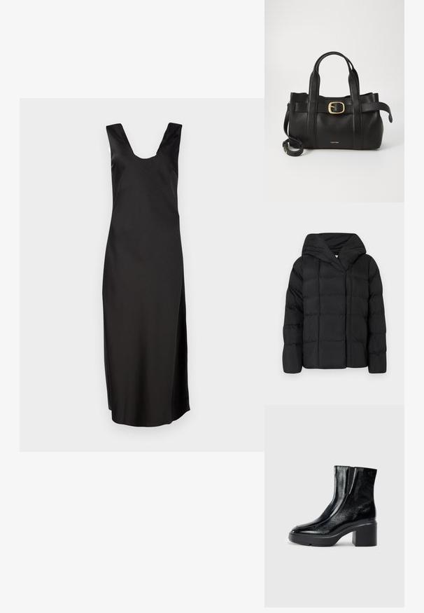 Černá péřová bunda s kapucí, vyznačující se prošívanou texturou a oversized siluetou. Jemný materiál s předním zapínáním a minimalistickým designem.; Černé bezramínkové šaty s hlubokým výstřihem do V, vyrobené z hladké látky. Mají přiléhavý střih a sahají až ke kolenům bez vzorů.; Černé lakované kotníkové boty s zakřivenou špičkou, elastickými bočními panely a robustním blokovým podpatkem. Na zadní straně se nachází embosované logo.; Černá kožená kabelka s upraveným designem, dvojitými vrchními madly, pozlaceným přezkovým akcentem a vyraženým logem značky na přední straně.