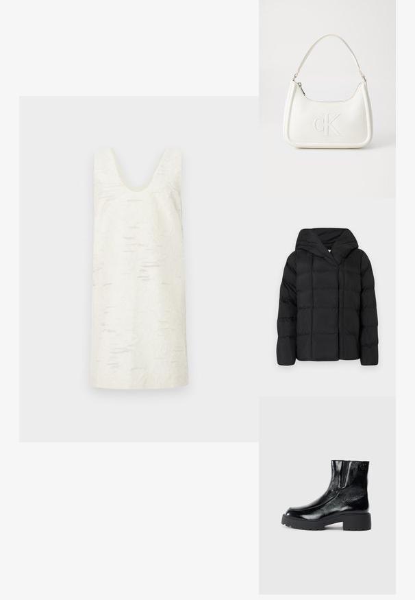 Black puffer jacket with a hood, featuring a quilted texture and oversized silhouette. Soft fabric with front closure and a minimalist design.; White sleeveless dress with a U-shaped neckline, featuring a textured surface with subtle, irregular patterns. Smooth material, knee-length.; Black ankle boots with a glossy patent leather finish, chunky black rubber sole, and raised heel; includes subtle logo detail on the side.; White leather handbag with a curved shape, featuring an embossed "CK" logo on the front and a single shoulder strap. Zipper closure at top.