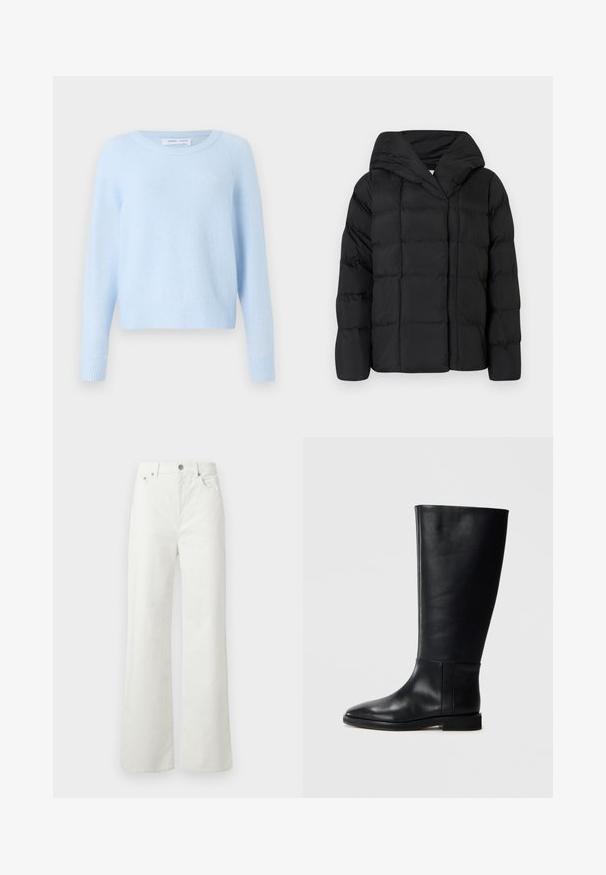 Melnā pūkņu jakas ar kapuci, ar kvadrātu tekstūru un pārspīlētu siluetu. Mīksta auduma ar priekšējo aizdari un minimālistisku dizainu.; Gaiši zils džemperis, izgatavots no mīksta materiāla, ar apaļu izgriezumu, garām piedurknēm un ribotām aprocēm un apakšmalu. Klasisks, īsais dizains.; Samsøe Samsøe SHELLY - Brīva piegriezuma džinsi - clear cream; Melnas ādas līdzceļgala zābaki ar noapaļotu pirkstu, gludu tekstūru, minimālistisku dizainu un plakanu zoli. Vienkāršas šuvju detaļas uz zābaku augšdaļas.