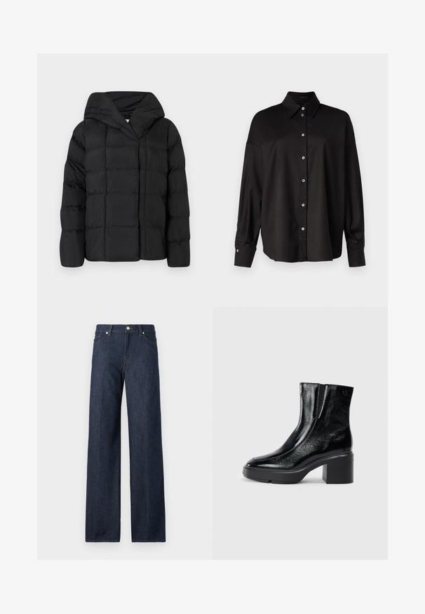 Black puffer jacket with a hood, featuring a quilted texture and oversized silhouette. Soft fabric with front closure and a minimalist design.; DRYKORN LYSILA - Button-down blouse - black; Dark denim wide-leg jeans feature a high-rise waist, belt loops, and a classic five-pocket design. Smooth texture with subtle fading.; Black patent leather ankle boots with a curved toe, elastic side panels, and a chunky block heel. Features embossed logo on the back.