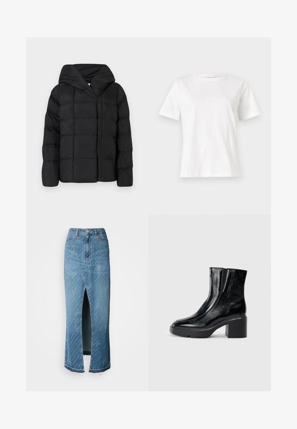 Črna puffer jakna s kapuco, ki ima prešito teksturo in preveliko silhueto. Mehka tkanina z sprednjim zapiranjem in minimalističnim dizajnom.; Bela bombažna majica s kratkimi rokavi, okroglo izrezana in ohlapnega kroja. Gladka tekstura, brez vzorcev ali dodatkov, minimalističen dizajn.; Modra denim midi krila s sprednjim razporkom, zbledelim videzom in belim napisnim vzorcem. Ima klasičen pas in razmršene robove.; Črne lakirane gležnjarje z ukrivljenim nosom, elastičnimi stranskimi paneli in debelim blokastim peto. Imajo vtisnjen logotip na zadnjem delu.