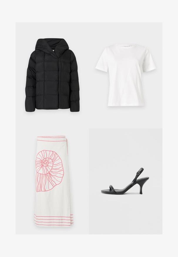Svart puffjakke med hette, med en quiltet tekstur og oversized silhuett. Mykt stoff med frontlukking og et minimalistisk design.; Hvit bomull t-skjorte med korte ermer, rund hals og avslappet passform. Glatt tekstur, ingen mønstre eller detaljer, minimalistisk design.; Hvit omslagskjørt med et stort rosa brodert nautilus-skjell-design og kontrasterende rosa horisontale striper i kanten og ved livet.; Sorte skinnhøye hæler med en slank, buet hæl og et kryssrem-design. Justerbar ankelrem. Glatt tekstur.