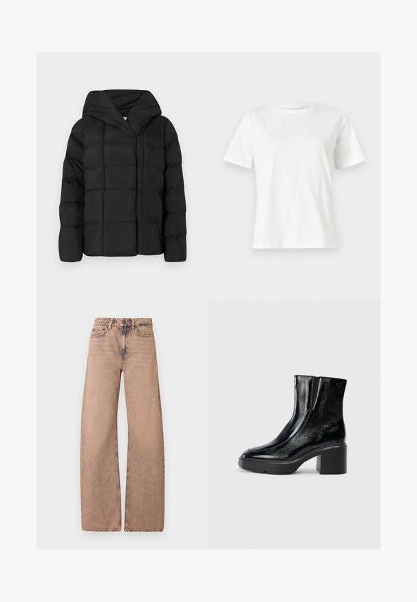 Casaco puffer preto com capuz, apresentando uma textura acolchoada e uma silhueta oversized. Tecido suave com fecho frontal e um design minimalista.; T-shirt de algodão branco com mangas curtas, decote redondo e um corte descontraído. Textura suave, sem padrões ou detalhes, design minimalista.; Jeans de perna larga castanho-claro feitos de denim, com uma cintura clássica, design de cinco bolsos e textura desbotada.; Botas de tornozelo de verniz preto com ponta curva, painéis laterais elásticos e um salto quadrado robusto. Apresenta um logotipo em relevo na parte de trás.