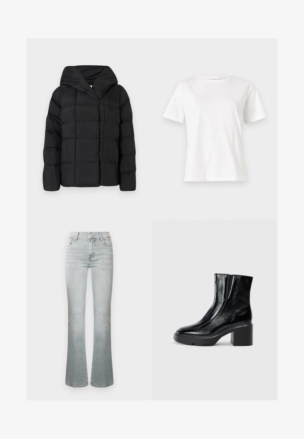 Doudoune noire avec capuche, présentant une texture matelassée et une silhouette surdimensionnée. Tissu doux avec fermeture avant et design minimaliste.; T-shirt en coton blanc à manches courtes, col rond et coupe décontractée. Texture lisse, sans motifs ni accents, design minimaliste.; Jean flare bleu clair à taille haute, fabriqué en denim. Comprend une fermeture par bouton, cinq poches, et un délavage subtil pour la texture.; Bottines en cuir verni noir avec un bout arrondi, des panneaux latéraux en élastique et un talon épais. Comprend un logo embossé à l'arrière.