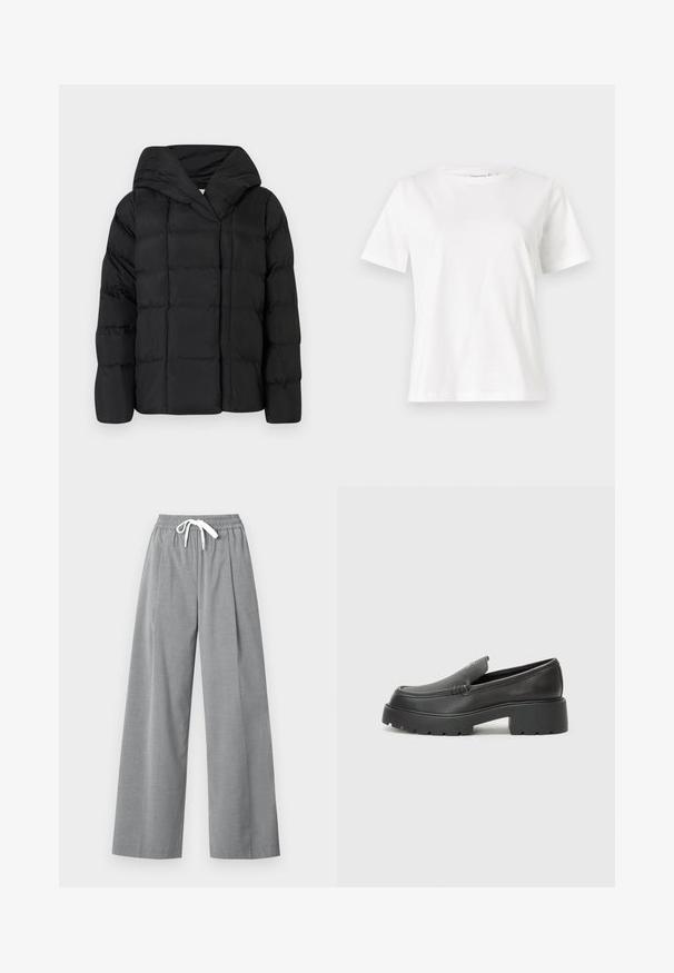 Juodas pūkinis džemperis su gobtuvu, turintis siuvinėtą tekstūrą ir per didelę siluetą. Minkšta medžiaga su priekiniais užtrauktukais ir minimalistiniu dizainu.; Balta medvilninė marškinėliai trumpomis rankovėmis, su apvalia iškirpte ir laisvu siluetu. Lygi tekstūra, be raštų ar akcentų, minimalistinis dizainas.; Pilki plačios kojos kelnes, pagamintos iš lengvos medžiagos, su raukiniu priekyje ir elastinga juosmeniu, kuriame yra baltas raištelis.; Juodi odiniai loaferiai su apvaliu pirštu, storu tekstūruotu padu ir minimaliu siūlių dekoru. Išskirtinis dizainas be matomų raištelių ar furnitūros.